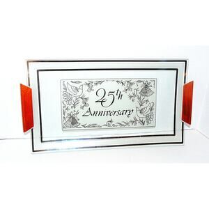 Vintage 25th Anniversary Glass Serving Tray Wooden Handles Floral Design Retro